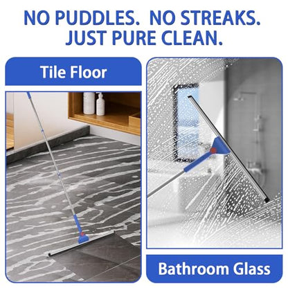 COBETE Floor Scrubber Grout Brush with 16.92IN Large Floor Rubber Squeegee, V-Shaped Scrub Brush and Foam Squeegee Collaborate Cleaning For Tiles, Marble, Glass in Bathrooms, Kitchen,Garages, Pet Hair
