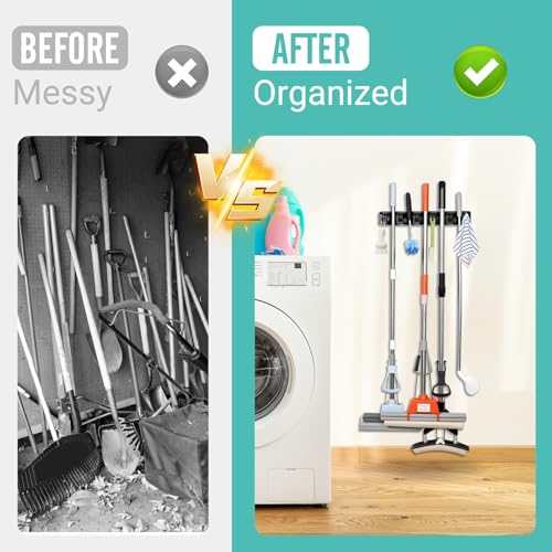 InPoTo Broom and Mop Holder, Wall Mounted Organizer Mop and Broom Storage Tool Rack with 5 Ball Slots and 6 Hooks (1Pack) - size: 1Pack