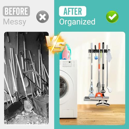 InPoTo Broom and Mop Holder, Wall Mounted Organizer Mop and Broom Storage Tool Rack with 5 Ball Slots and 6 Hooks (1Pack) - size: 1Pack