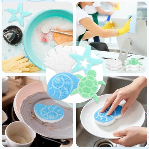 JarThenaAMCS 12 Pcs Summer Kitchen Sponges Coastal Seashell Starfish Turtles Water Absorbing Kitchen Scrub Sponges Dish Washing Cleaning Reusable Sponge for Bathroom Home Non Scratch Cleaning