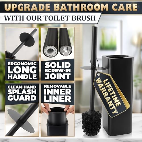 Black Toilet Brush and Holder Set - Slim Matte Design that Fits Anywhere - Stainless Steel Toilet Bowl Brush and Holder with 2 Rounded Corners, Replaceable Head, Removable Inner Bowl & Splash Guard - color: Black Squircle