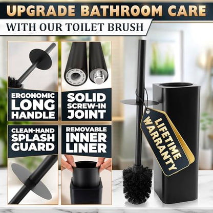 Black Toilet Brush and Holder Set - Slim Matte Design that Fits Anywhere - Stainless Steel Toilet Bowl Brush and Holder with 2 Rounded Corners, Replaceable Head, Removable Inner Bowl & Splash Guard - color: Black Squircle