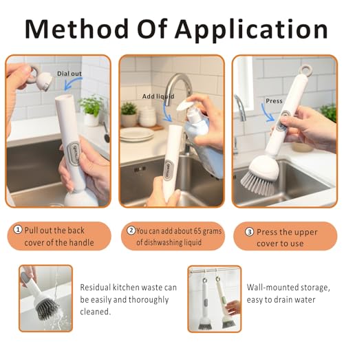 QMUNLLO 360° Rotating Dish Brush with Soap Dispenser, Non-Slip Long Handle Kitchen Scrubber Cleaning Set with Towel and Wall Hook, Ideal for Sink, Pans, Pots Cleaning(White) - color: White