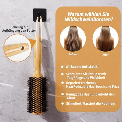 Vista Round Hair Brush with 10mm Boar Bristle 15mm Nylon Bristle Hairbrushes for Women Bamboo Hair Brush Styling with Tail Comb for Blow Drying, Shiny, Smooth, Long, Curly Hair - color: Large Bamboo