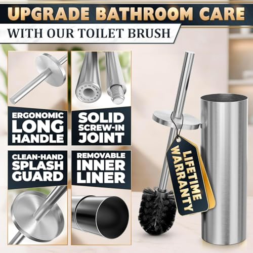 Stylish Stainless Steel Toilet Brush and Holder Set - Silver Toilet Bowl Brush and Holder with Splash Cover, Sturdy Bristles, Corrosion & Scratch Resistant - Elegant Design, Effective Deep Cleaning - color: Silver