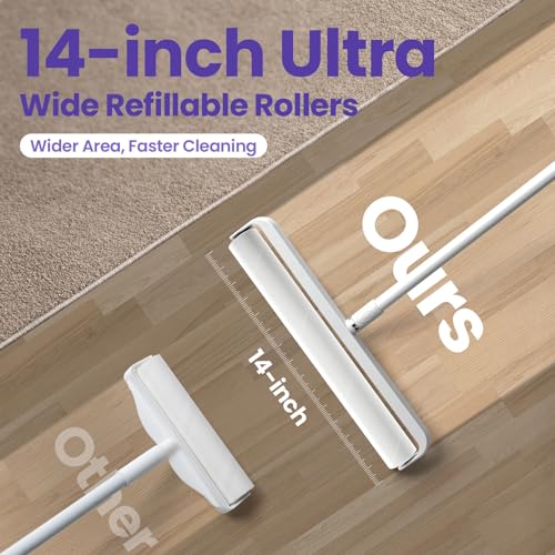 14.17" Extra Large Lint Rollers for Pet Hair, DELOMO Sticky Rollers for Floor with 3 Extendable Handle & 4 Refills (200 Sheets), Long Handle Sticky Mop for Cleaning Carpets, Couches, Furniture, Cars - size: B: 1 Roller + 4 Refills (Wide: 14.17 in)
