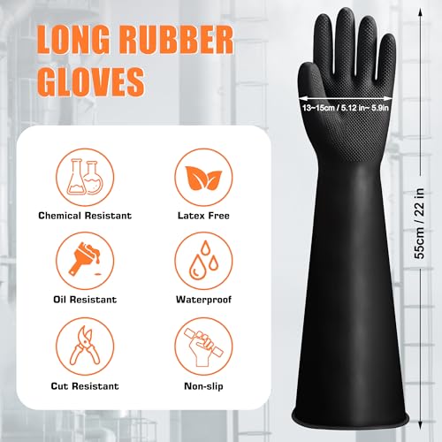 22"Black Anti-Slip Chemical Resistant Rubber Gloves, Long Heavy Duty Glove, Industrial Safety Work Protective Gloves for Men, Forearm Protection Waterproof Resist Strong Acid, Alkali, Oil, XL Size