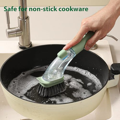 DAPOWER Soap Dispensing Dish Brush with Handle, Kitchen Scrub Brush for Dishes Pots Pans Sink Cleaning (Light Green)