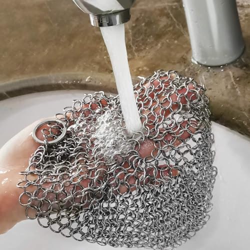 TOPULORS 316 Stainless Steel Cast Iron Skillet Cleaner Scraper Chain Link Chainmail Scrubber for Cast Iron Pans, Pre-Seasoned Pans, Griddle Pans, BBQ Grills, and More Pot Cookware-Round 7 in Diameter - size: Round - 7 inches diameter