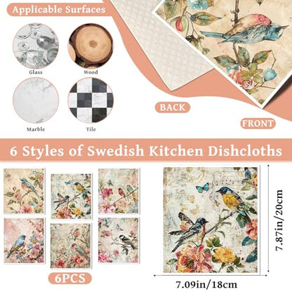 Reusable Swedish Dishcloths for Kitchen, 6 Pack Birds Floral Dish Cloths, Absorbent Flower Pattern Cellulose Cleaning Towels Wipes for Cooking Home Decor Housewarming Gifts - style: Birds Floral