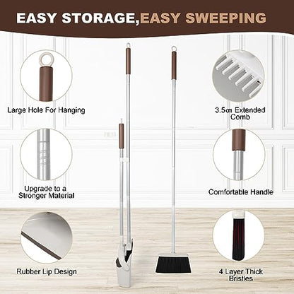 54" Long Handled Broom and Dustpan Set - Perfect Dust Pan and Brush Combo for Efficient Cleaning, Brown and White - color: Brown and White
