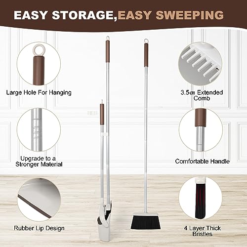 54" Long Handled Broom and Dustpan Set - Perfect Dust Pan and Brush Combo for Efficient Cleaning, Brown and White - color: Brown and White