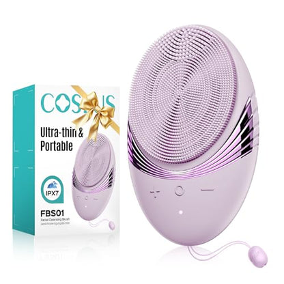 COSLUS FBS01 Facial Cleansing Brush Face Scrubber, Compact for Travel | Rechargeable, Gentle Silicone, 5 Cleansing Modes, Deep Cleaning for Men & Women, Removing Blackhead Exfoliating, Light Purple - color: Light Purple