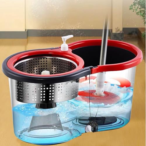 Spin Mop and Bucket with Wringer Set, 360°Rotating Head Mop Bucket System, 3 Microfiber Mop Heads for Living Room, Bedroom, Kitchen, Office (Black & Red)