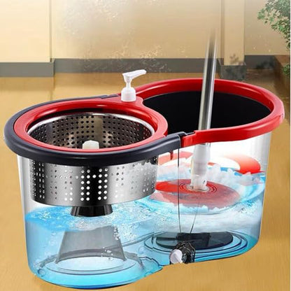 Spin Mop and Bucket with Wringer Set, 360°Rotating Head Mop Bucket System, 3 Microfiber Mop Heads for Living Room, Bedroom, Kitchen, Office (Black & Red)