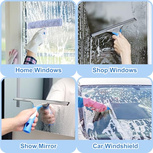 Mitclear Professional Window Cleaning Kit 10IN, Windows Cleaner Tool with Silicone Squeegee, Microfiber Scrubber & Cloth, Window Washing Equipment or Home Shower Glass Doors Car Windshield - size: 10 IN