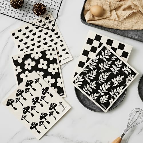 RECYCO Swedish Dishcloths for Kitchen | 5 Pack Mystic Meadows Washable Dish Rags | Cellulose Reusable Cleaning Paper Towels | Absorbent Counter Dish Cloth Sponge Kitchen Wipes, 8" L x 7" W - color: Black & White Mystic Meadows-5 Pack