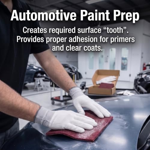 6"x9" Maroon Scuff Pads, 320-400 Grit Very Fine, 20 Pack | Aluminum oxide pads for auto paint prep & wood sanding. Set includes exactly 20 scuff pads, work gloves & Kraft storage box.