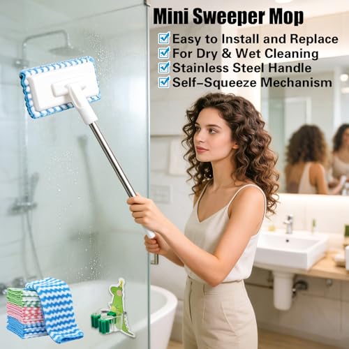 Quick Grip Mini Mop, Zero Touch MiniMop, Disposable Clip Mopstick Reusable Cloths, Retractable Gap Dust Cleaner Flat Mops with Locking Head & Sweeping Cloths (1*mop+10*Cloth)