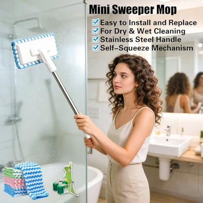 Quick Grip Mini Mop, Zero Touch MiniMop, Disposable Clip Mopstick Reusable Cloths, Retractable Gap Dust Cleaner Flat Mops with Locking Head & Sweeping Cloths (1*mop+10*Cloth)