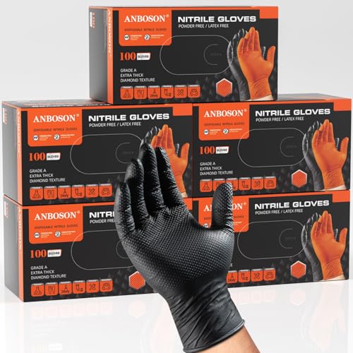ANBOSON 10mil Nitrile Gloves Disposable Black Chemical-Resistant Rubber - Mechanic Gloves Heavy Duty, Latex Free, Diamond Grip (500, X-Large) - color: Black-500, size: X-Large