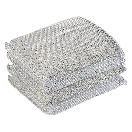 METALLIXITY Non Scratch Scrub Sponge(11 x 8.5 Cm/4.3" x 3.3") 4pcs, Dish Sponge Scouring Pads Kitchen Cleaning Sponge - for Cleaning Pots, Pans, Dish, Silver Tone