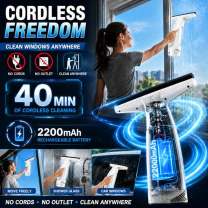 GARYOG Window Vacuum Squeegee Cordless,Electric Window Cleaner Kit with 31-40" Extendable Pole,2000Pa,2200mAh,150ml Tank,2 Squeegee Blades for Shower Glass,Tiles,Mirrors,Car.