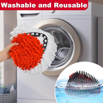 Mop Heads Replacement Compatible with O-Cedar EasyWring 1-Tank System, Includes 2 Microfiber + 2 Chenille Refills + 1 Scrub Brush + 1 Spin Mop Base for Hard Floor Cleaning - color: 2red+2white