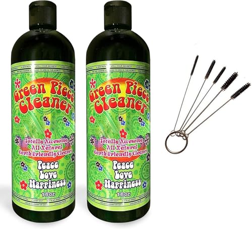 Green Piece® Glass Cleaner 2 Bottles (Made in USA) -16 oz and 5 Piece Mini Metal Nylon Tube Pipe Cleaner Brush Set with Keychain Ring Combo - style: 16 Fl Oz (Pack of 2) + 5 Piece Nylon Tube
