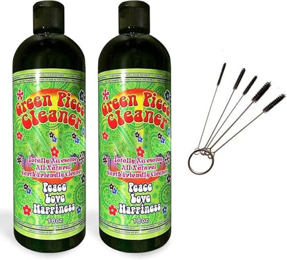Green Piece® Glass Cleaner 2 Bottles (Made in USA) -16 oz and 5 Piece Mini Metal Nylon Tube Pipe Cleaner Brush Set with Keychain Ring Combo - style: 16 Fl Oz (Pack of 2) + 5 Piece Nylon Tube