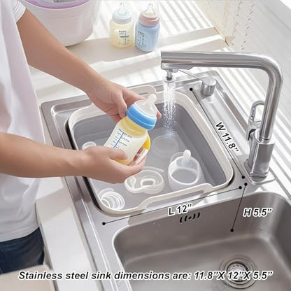 Collapsible Dish Basin & Sink Tub with Drain Plug – 2.4 Gal Baby Bottle Wash Basin, Bottle Washing Bin for RV, Camping, Kitchen | Collapsible Water & Bottle Basin (Grey) - color: Grey 1