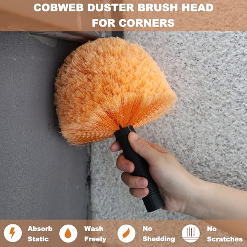 2 Pack Orange Twist-On Cobweb Duster Head Brush, Fits Standard 3/4 inch Threaded Poles, Attachment Brush, Spider Web Duster for Outdoor & Indoor Cleaning