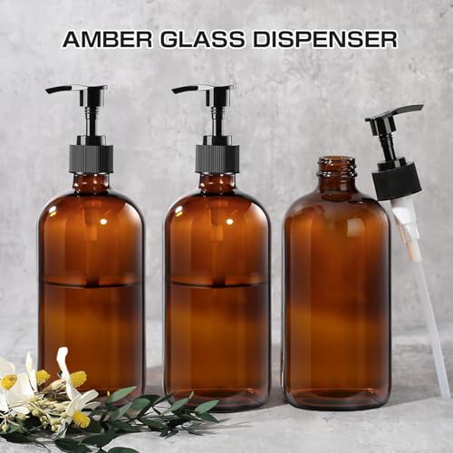 4 Pack 8 oz Amber Glass Pump Bottles, Boston Round Bottles with Pumps for Lotion, Soap, Massage Oils, Refillable Containers with Caps - size: 8 oz Amber 4Pack