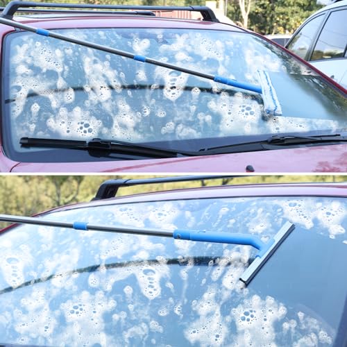 Mitclear Window Cleaner with Long Handle(57IN), Glass Cleaning Tools with Silicone Squeegee & Microfiber Scrubber, Window Cleaning Kit for Shower Glass Mirror Door Car - style: Window Cleaning Kit