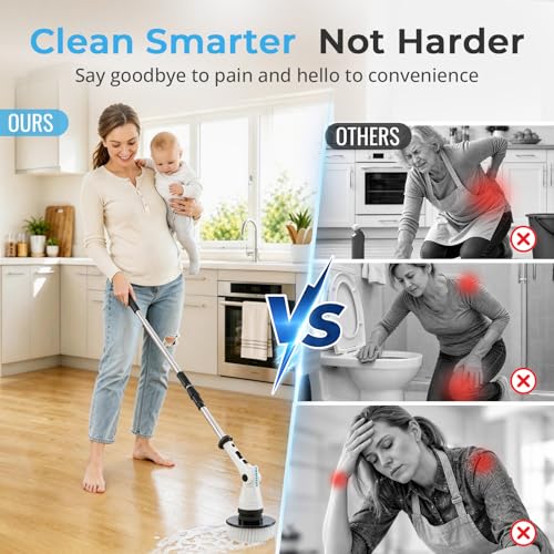 Electric Spin Scrubber, Cordless 3 Speeds 8 Heads Bathroom Cleaning Brush | 450RPM, 54" Extendable Handle, 8 Replaceable Brush Heads, Heavy-Duty, Power Scrubber for Shower, Tub, Tile, Floor, Wall Clean