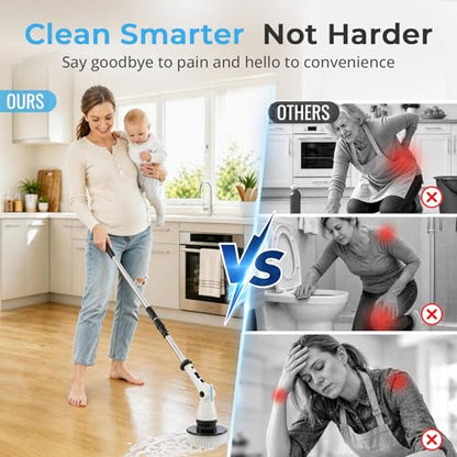 Electric Spin Scrubber, Cordless 3 Speeds 8 Heads Bathroom Cleaning Brush | 450RPM, 54" Extendable Handle, 8 Replaceable Brush Heads, Heavy-Duty, Power Scrubber for Shower, Tub, Tile, Floor, Wall Clean