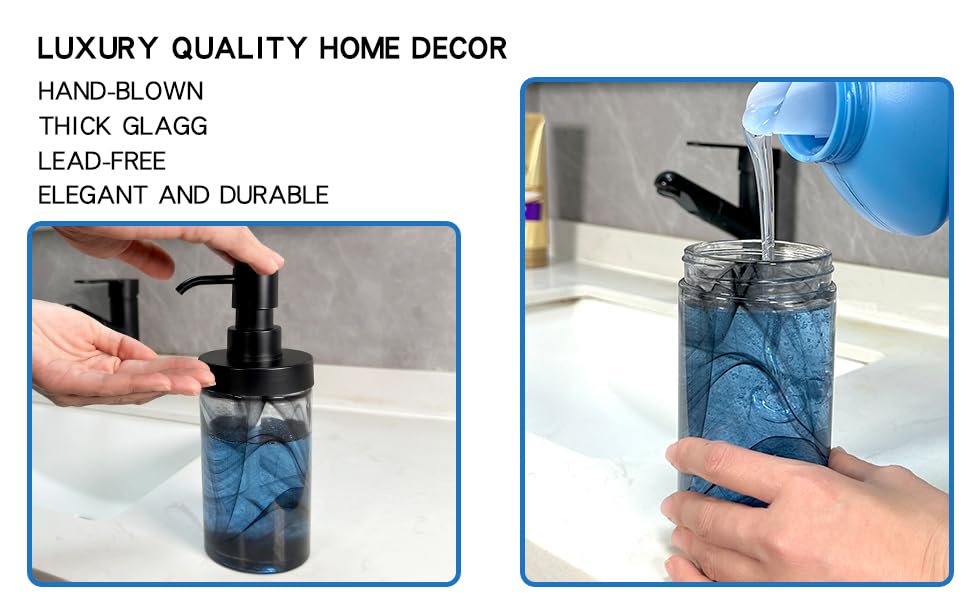 2 Pcs Lotion Dispenser,12.5 Oz Black Moire Wide Open Glass Hand Soap Dispenser for Bathroom & Kitchen, Dish Soap Dispenser with Easy-to-Press Pump and Waterproof Labels - color: Black002