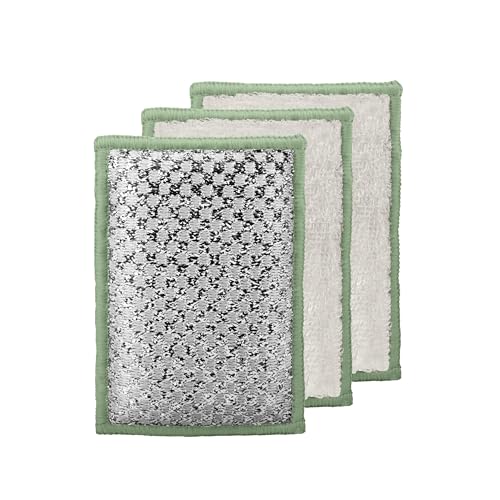 OGGI Bambou Odor-Free Scrubbing Sponges - Natural Scrub Sponges for Dishes, 91% Bamboo-Derived Rayon Cellulose Fiber, Reusable, Absorbent, Durable Scrubbers, Non-Scratch, Washable - 3 pcs, 7x4 - color: White/Sage
