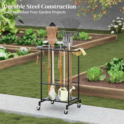Garden Tool Organizer with Wheels, Yard Tool Rack Heavy Duty Steel Tool Organizer and Storage Holder Broom Holder for Garage, Shed, Patio, Indoor/Outdoor - style: Rack with Wheels