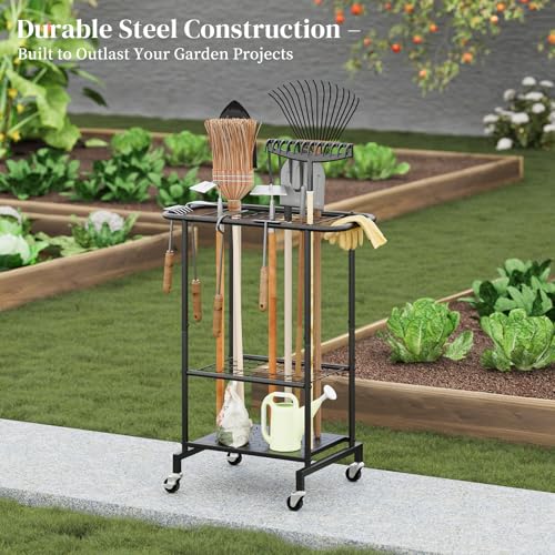 Garden Tool Organizer with Wheels, Yard Tool Rack Heavy Duty Steel Tool Organizer and Storage Holder Broom Holder for Garage, Shed, Patio, Indoor/Outdoor - style: Rack with Wheels