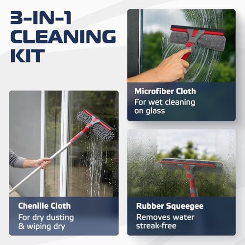 DSV Standard 2-in-1 Window Cleaning Squeegee Kit with 60’’ Extension Pole, Rotatable Bendable Head, Microfiber & Chenille Pads, Window Cleaner Tool for Indoor/Outdoor, High Windows, Shower and Car