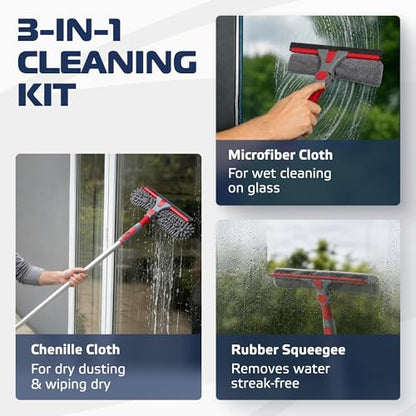 DSV Standard 2-in-1 Window Cleaning Squeegee Kit with 60’’ Extension Pole, Rotatable Bendable Head, Microfiber & Chenille Pads, Window Cleaner Tool for Indoor/Outdoor, High Windows, Shower and Car