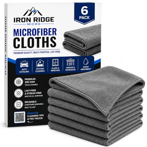 Iron Ridge Microfiber Cleaning Cloths 6-Pack, Gray, 12x12, 300 GSM | Reusable, streak-free performance for glass, kitchens, vehicles, electronics, workspaces, and everyday tasks - color: Gray