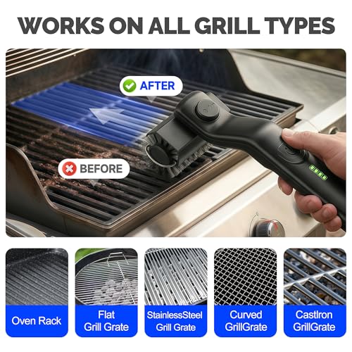 Electric Grill Brush, Cordless Rechargeable Grill Cleaner with 3-Speed Powerful Motor & 180° Adjustable 304 Stainless Steel Non-Shedding Brush Head, Automatic Cleaning for Outdoor Gas Grill & Grates