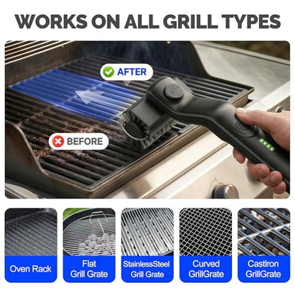 Electric Grill Brush, Cordless Rechargeable Grill Cleaner with 3-Speed Powerful Motor & 180° Adjustable 304 Stainless Steel Non-Shedding Brush Head, Automatic Cleaning for Outdoor Gas Grill & Grates
