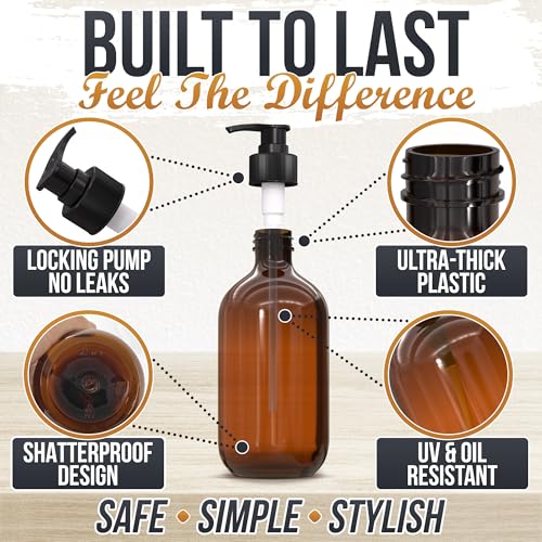 Plastic Amber Soap Dispenser with Pump Set of 3 – 16 oz Refillable Shampoo and Conditioner Bottles – Durable & Reusable for Hand Soap, Dish Soap, Lotion, Gel, Body Wash in Kitchen, Bathroom, Shower