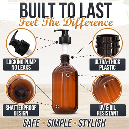 Plastic Amber Soap Dispenser with Pump Set of 3 – 16 oz Refillable Shampoo and Conditioner Bottles – Durable & Reusable for Hand Soap, Dish Soap, Lotion, Gel, Body Wash in Kitchen, Bathroom, Shower