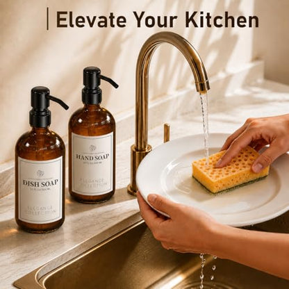 Fachixy Amber Glass Soap Dispenser (2 Pack), 16 Fl Oz Hand & Dish Soap Dispenser Bottles Set with Leak-Resistant Stainless Steel Pump, Non-Slip Pad, 14 Waterproof Labels for Kitchen and Bathroom - color: Brown
