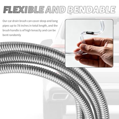 78" Long Flexible Car Drain Cleaning Brush,Stainless Steel/Nylon Pipe Cleaner Brush with Double Head,Slim Car Drain Brushes Pipe Cleaning Tool as Auto Sunroof Drains Cleaner