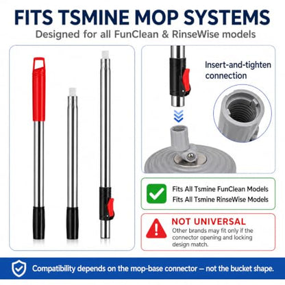 RinseWise Spin Mop Replacement Handle Only, 3-Section Stainless Steel Pole with 35/49/61 in Length Options, Fits All Tsmine FunClean Models, Not Universal, No Mop Head, Base or Bucket - Red - color: Red